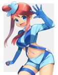  1girl :d absurdres blue_eyes blue_gloves blue_shorts cowboy_shot creatures_(company) crop_top floating_hair fuuro_(pokemon) game_freak gloves gym_leader hair_ornament highres long_sleeves looking_at_viewer midriff navel nintendo one_side_up open_mouth outstretched_hand pokemon pokemon_(game) pokemon_bw red_hair shiny shiny_hair short_hair_with_long_locks short_shorts shorts sidelocks smile solo standing stomach thigh_strap turtleneck waving white_background yuihiko 