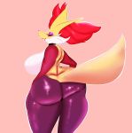  anthro big_butt black_fur breasts butt delphox ear_tuft female fur half-closed_eyes hi_res looking_at_viewer looking_back makeup nintendo pok&eacute;mon pok&eacute;mon_(species) pokebii presenting presenting_hindquarters rear_view red_eyes red_fur red_lips simple_background solo thick_thighs tuft video_games wide_hips yellow_fur 
