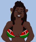  big_breasts bikini black_hair bottom_lip breasts brown_eyes brown_fur bust_portrait clothed clothing dark_fur dreadlocks eyelashes felid female fur hair hi_res imani_ndegwa kenyan_flag lion looking_at_viewer mammal pantherine portrait smile solo swimwear ungulatr 