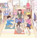  1boy 3girls aqua_sweater ball baseball_bat bedroom black_legwear block blue_hoodie blue_skirt bob_cut book bookshelf brown_dress brown_hair calendar_(object) cat chair clock commentary_request cushion desk desk_lamp drawer dress furrowed_eyebrows glasses green_shirt hood hoodie indian_style kiyo_(kyokyo1220) lamp loft_bed long_hair mahjong mahjong_tile multiple_girls office_chair open_mouth photo_(object) picture_frame pink_shirt rug scratching_chin shirt short_hair short_twintails sitting skirt soccer_ball socks striped striped_shirt table tan_legwear television trash_can turtleneck twintails wariza white_legwear window 