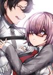  1boy 1girl absurdres black_hair blush chaldea_uniform chickenvomit fate/grand_order fate_(series) fujimaru_ritsuka_(male) hetero highres lavender_eyes lavender_hair long_sleeves looking_at_another looking_at_viewer mash_kyrielight necktie parted_lips red_neckwear semi-rimless_eyewear short_hair smile under-rim_eyewear upper_body 