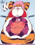  anthro belly big_belly big_breasts bikini bluebrush breasts clothing digestion digital_media_(artwork) english_text felid female female/female female_pred female_prey internal mammal navel oral_vore overweight pantherine size_difference stomach_noises swallowing swimwear text tiger vore 
