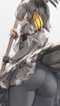  1girl ass blush fingerless_gloves from_below gloves grey_hair guchico hair_between_eyes kemono_friends looking_at_viewer pantyhose shoebill_(kemono_friends) short_hair sketch skirt solo tail_feathers thighs upskirt white_background yellow_eyes 