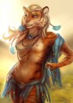  anthro blonde_hair blue_eyes breasts cheek_tuft clothed clothing fangs felid female fur hair hi_res jewelry looking_at_viewer mammal necklace nipples orange_fur pantherine portrait saterina sitara_(tempestuous) smile solo stripes teeth three-quarter_portrait tiger tuft 
