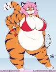  2016 anthro bell_collar belly big_belly big_breasts bikini biped breasts clothed clothing collar deep_navel digital_media_(artwork) english_text felid female front_view hair mammal midriff navel nekocrispy obese obese_female overweight overweight_female pantherine pink_hair red_eyes standing stomach_noises swimwear text thick_thighs tiger wide_hips 
