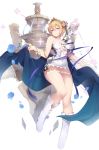  1girl bangs bare_shoulders blonde_hair blue_eyes blue_flower blue_rose blush boots breasts cleavage collarbone dress europa_(granblue_fantasy) eyebrows_visible_through_hair flower full_body granblue_fantasy hair_between_eyes hair_flower hair_ornament highres large_breasts looking_at_viewer nanahara_fuyuki rose short_hair simple_background smile solo sparkle tiara white_background white_dress white_footwear 