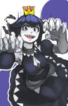  1girl absurdres black_dress black_hair blue_eyes breasts broken broken_chain chain chains choker cleavage dress grey_skin highres long_hair looking_at_viewer medium_breasts mr-tekuchi open_mouth princess_chain_chomp sharp_teeth smile solo super_crown teeth 