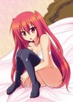  1girl :o bed black_legwear bottomless bra breasts claire_rouge cleavage collarbone dutch_angle eyebrows_visible_through_hair full_body hair_between_eyes highres justy leg_hug long_hair looking_at_viewer medium_breasts on_bed red_eyes red_hair seirei_tsukai_no_blade_dance shiny shiny_hair shiny_skin sitting solo thighhighs twintails underwear underwear_only very_long_hair white_bra 