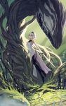  1girl black_legwear breasts day dress elbow_gloves floating gloves green_sky highres holding holding_sword holding_weapon levitation looking_at_viewer medium_breasts niggurath_the_ancient_tree_branch outdoors pixiv_fantasia pixiv_fantasia_last_saga pointy_ears roots short_hair sleeveless sleeveless_dress sword weapon white_dress white_gloves white_hair yuzu_shio 
