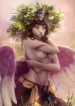  anthro breasts chimera clothed clothing feathered_wings feathers felid feline female flower hair hi_res holding_object horn hybrid mammal nipples open_pants pants pink_nose plant portrait saterina solo three-quarter_portrait topless whiskers wings 