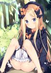  1girl abigail_williams_(fate/grand_order) ass bangs black_bow black_dress black_footwear black_headwear blonde_hair bloomers bloomers_pull blue_eyes blush bow bug butterfly closed_mouth cum day dress eyebrows_visible_through_hair fate/grand_order fate_(series) feet_out_of_frame fingernails forehead forest hair_bow hands_on_own_ass hat highres insect long_hair long_sleeves mary_janes nature orange_bow outdoors parted_bangs polka_dot polka_dot_bow shoes sitting sleeves_past_wrists smile solo tomoo_(tomo) tree underwear very_long_hair white_bloomers 