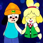  1:1 animal_crossing blush canid canine canis clothing crossover domestic_dog duo eyes_closed fairygardens hand_holding happy hat headgear headwear isabelle looking_down male mammal nintendo parappa parappa_the_rapper playstation sony_corporation sony_interactive_entertainment video_games 