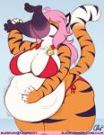  anthro belly big_belly big_breasts bikini bluebrush breasts clothing digital_media_(artwork) english_text felid female female/female female_pred female_prey mammal navel oral_vore overweight pantherine size_difference stomach_noises swallowing swimwear text tiger vore 