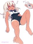  1boy 1girl admiral_(kantai_collection) akichin_(atelier_baguri) barefoot blonde_hair blush cellphone commentary_request crop_top drooling flower hair_flower hair_ornament hand_on_own_stomach holding holding_phone kantai_collection long_hair lying on_back one-piece_swimsuit one-piece_tan open_mouth phone ro-500_(kantai_collection) sailor_collar school_swimsuit school_uniform serafuku simple_background sleeping smartphone solo_focus swimsuit swimsuit_under_clothes tan tanline white_background 