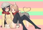  2girls :o adjusting_scarf all_fours animal_ear_fluff animal_ears aran_sweater bare_legs barefoot black_hair black_legwear blush brown_eyes brown_hair cabbie_hat cat_ears cat_tail commentary_request cover cover_page dress fur-trimmed_jacket fur-trimmed_sleeves fur_trim glasses hat heart heart_tail izumi_sai jacket long_hair looking_at_viewer multicolored multicolored_stripes multiple_girls multiple_tails no_shoes orange_eyes original panties pantyshot pantyshot_(sitting) plaid plaid_skirt red-framed_eyewear red_scarf scarf shared_scarf sitting skirt sleeves_past_wrists smile striped striped_background striped_scarf sweater sweater_dress tail thighhighs underwear white_panties 