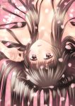  1girl bangs brown_eyes brown_hair cherry_blossoms eyebrows_visible_through_hair from_behind hair_censor hair_over_breasts highres long_hair looking_at_viewer nude original pink_background sato-pon shiny shiny_hair solo twitter_username upper_body very_long_hair 