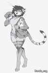  2019 absurd_res anthro bell black_and_white bottomwear breasts clothed clothing collar digital_media_(artwork) domestic_cat exercise felid feline felis female fur green_eyes hair helia_peppercats_(wrinklynewt) hi_res looking_at_viewer mammal monochrome one-piece_swimsuit open_mouth shorts simple_background smile solo swimwear water_bottle zkelle 