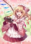  1girl :d absurdres alternate_costume alternate_headwear anmitsu_(dessert) apron bangs blonde_hair blush bow bowl checkered checkered_background cherry cherry_blossoms cowboy_shot crystal eyebrows_visible_through_hair flandre_scarlet floral_print flower food frilled_apron frills fruit hair_between_eyes hair_bow hair_flower hair_ornament highres holding holding_tray japanese_clothes kimono kure~pu long_hair looking_at_viewer maid_apron maid_headdress one_side_up open_mouth pink_flower pink_kimono pleated_skirt red_bow red_eyes red_skirt skirt smile solo spoon standing touhou tray wa_maid waitress white_apron wings 