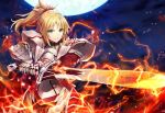 1girl armor armored_dress bangs blonde_hair braid dress eyebrows_visible_through_hair fate/grand_order fate_(series) fire full_moon gabiran green_eyes holding holding_sword holding_weapon lightning long_hair looking_at_viewer moon mordred_(fate)_(all) night outdoors parted_lips ponytail red_dress sky smile solo star_(sky) starry_sky sword weapon 