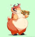  &lt;3 aidenmonster anthro antlers belly big_belly blush brown_fur cervid chubby_cheeks eyes_closed food fur green_background hand_on_cheek hi_res holding_food holding_object hooves horn male mammal nude obese obese_male open_mouth open_smile overweight overweight_male sandwich_(food) simple_background smile solo standing white_fur 
