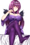  1girl absurdres blush breasts circlet fate/grand_order fate_(series) feet highres large_breasts legs_crossed long_hair looking_at_viewer pantyhose pink_eyes purple_hair purple_legwear scathach_(fate)_(all) sitting soles toes 