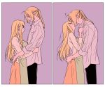  1boy 1girl 2koma apron black_pants blonde_hair blue_eyes breasts comic couple dress_shirt ear_piercing earrings edward_elric expressionless eyebrows_visible_through_hair eyes_closed fingernails fullmetal_alchemist grabbing green_apron hanayama_(inunekokawaii) hands_on_another&#039;s_hips hetero jewelry kiss long_hair long_skirt long_sleeves looking_at_another looking_down medium_breasts pants piercing ponytail profile pulling purple_background shirt shirt_grab silent_comic simple_background skirt smile surprise_kiss surprised upper_body white_shirt winry_rockbell 