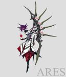  1boy ares_(mythology) blade cable character_name full_body greek_mythology grey_background grin hair_over_one_eye highres looking_at_viewer magic original palow purple_hair red_eyes smile solo spiked_hair 