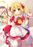  1girl :d alternate_costume apron ascot bangs blonde_hair blueberry blurry blurry_background blush brooch cake commentary_request cowboy_shot dress enmaided eyebrows_visible_through_hair fang flandre_scarlet food fork frilled_shirt_collar frills fruit hair_between_eyes hair_ribbon hands_up heart highres holding holding_food holding_fork indoors jewelry light_particles looking_at_viewer macaron maid maid_apron maid_headdress mary_janes one_side_up open_mouth petticoat plate puffy_short_sleeves puffy_sleeves red_dress red_eyes red_footwear red_ribbon ribbon ruhika shoes short_hair short_sleeves smile solo standing standing_on_one_leg strawberry strawberry_shortcake thighhighs thighs tiered_tray touhou waist_apron white_apron white_legwear wrist_cuffs yellow_neckwear zettai_ryouiki 