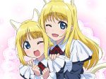 2girls ;d animal_ear_fluff animal_ears apron bangs blonde_hair blue_dress blue_eyes blush cat_ears cat_girl cat_tail collared_dress commentary_request doily dress eyebrows_visible_through_hair fang fingernails hands_on_another&#039;s_shoulders hands_up juliet_sleeves long_hair long_sleeves maid maid_apron multiple_girls neck_ribbon one_eye_closed open_mouth original puffy_sleeves red_ribbon ribbon smile tail tonbi very_long_hair white_apron 