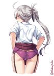  1girl asashimo_(kantai_collection) ass blush closed_mouth dress ebifurya eyebrows_visible_through_hair grey_eyes highres kantai_collection lifted_by_self long_hair panties ponytail purple_panties school_uniform shirt silver_hair simple_background solo underwear white_background white_shirt 