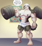 anthro canid canine canis clothed clothing dialogue domestic_dog english_text exercise hat headgear headwear hi_res husky looking_at_viewer male mammal muscular muscular_male nipple_piercing nipples nordic_sled_dog pecs piercing potionmastercernun sailor_cap smile solo spitz standing text topless weightlifting workout 