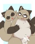  2019 absurd_res anthro balls belly blush canid canine cute_fangs duo ekubo erection eyes_closed hi_res hug hugging_from_behind humanoid_hands humanoid_penis male male/male mammal moobs navel nipples overweight overweight_male penis raccoon_dog sitting tanuki young 