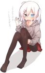  1girl black_legwear blue_eyes blush fang feet female hair_ornament hairclip higashi_shino hood hoodie open_mouth original pantyhose pointy_ears simple_background sitting slit_pupils solo toes twintails white_background white_hair 