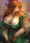  anthro bare_shoulders big_breasts bovid bovine breasts cattle cleavage clothed clothing freckles front_view fur girlsay green_clothing half-length_portrait hi_res horn looking_aside looking_at_viewer mammal marion_(changeling_tale) multicolored_clothing nipple_outline portrait tail_tuft tan_fur tuft white_clothing white_fur yellow_eyes 