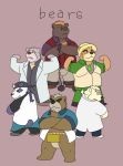  2019 alp_(tas) anthro ashigara barghest_(tas) belly brown_fur butt clothing cute_fangs english_text fundoshi fur gerbor giant_panda group hat headgear headwear jambavan japanese_clothing leib_(tas) male mammal pants polar_bear purple_fur shirt simple_background slightly_chubby straw_hat text tokyo_afterschool_summoners topwear underwear ursid ursine video_games volos white_fur 