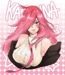 1girl bare_shoulders battle_academia_katarina blue_eyes breasts hair_over_one_eye katarina_du_couteau large_breasts league_of_legends lips long_hair pink_hair 