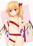  1girl ? bangs blonde_hair bow breasts collarbone commentary_request cowboy_shot crystal flandre_scarlet groin hair_between_eyes hair_bow hands_up highres long_hair miyo_(ranthath) naked_ribbon navel no_hat no_headwear nude one_side_up pink_background red_bow red_eyes red_ribbon ribbon small_breasts solo spoken_question_mark standing stomach touhou two-tone_background wings 