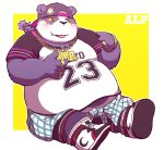  2019 alp_(tas) anthro belly blush bottomwear clothing english_text fur giant_panda hat headgear headwear hi_res humanoid_hands i_0rai male mammal navel overweight overweight_male purple_fur shirt shorts simple_background solo text tokyo_afterschool_summoners tongue tongue_out topwear ursid video_games 