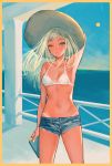  1girl arm_up bangs bare_arms bare_shoulders bikini bikini_under_clothes blonde_hair blue_eyes blue_shorts blue_sky book breasts brown_headwear closed_mouth cloud collarbone commentary_request day denim denim_shorts hat highres holding holding_book horizon long_hair looking_at_viewer miyako_(xxxbibit) navel ocean original outdoors short_shorts shorts sky small_breasts solo sun sun_hat swimsuit tan white_bikini 