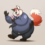  1:1 abthegreat anthro artfulreggie barefoot belly belly_overhang big_belly canid canine chubby_cheeks claws clothed clothing doughnut food fox fur gesture grey_background holding_food holding_object male mammal moobs necktie obese obese_male on_one_leg open_mouth open_smile overweight overweight_male police_officer police_uniform red_fur simple_background smile solo standing straining_buttons toe_claws uniform waving white_fur 
