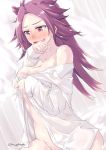  1girl bare_shoulders blush breasts cleavage commentary_request embarrassed forehead groin hair_intakes jun&#039;you_(kantai_collection) kantai_collection large_breasts long_hair mikage_takashi naked_shirt off_shoulder open_mouth purple_eyes purple_hair shirt smile solo spiked_hair 