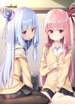  2girls bag bangs black_skirt blue_hair blue_ribbon blunt_bangs blurry blurry_background blush brown_cardigan brown_legwear cardigan closed_mouth collared_shirt commentary_request depth_of_field dress_shirt eyebrows_visible_through_hair hair_between_eyes hair_in_mouth hair_ribbon kotonoha_akane kotonoha_aoi long_hair long_sleeves looking_at_viewer mouth_hold multiple_girls off_shoulder ominaeshi_(takenoko) on_floor pantyhose pink_hair pleated_skirt red_eyes red_ribbon ribbon school_bag shirt siblings sisters sitting skirt sleeves_past_wrists strap_slip very_long_hair voiceroid wariza white_shirt 