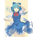  1girl :o absurdres ahoge arm_up bangs beige_background blue_bow blue_dress blue_eyes blue_hair border bow bowtie breasts cirno commentary_request cowboy_shot dress eyebrows_visible_through_hair hair_between_eyes hair_bow highres ice ice_wings looking_at_viewer open_mouth outside_border petticoat pillarboxed pinafore_dress puffy_short_sleeves puffy_sleeves red_bow red_neckwear rin_falcon shirt short_hair short_sleeves simple_background small_breasts solo speech_bubble standing thighs touhou translation_request white_border white_shirt wings 