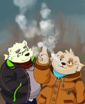  2018 absurd_res anthro canid canine canis clothing cu_sith_(tas) domestic_dog duo hi_res humanoid_hands leib_(tas) male mammal nanon_1st overweight overweight_male pants polar_bear smoking sweater tokyo_afterschool_summoners topwear ursid ursine video_games 