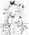  &gt;_&lt; 1girl bare_shoulders blush bosako_(haguhagu) comic dog eyes_closed greyscale haguhagu_(rinjuu_circus) hairband heart heart_hands highres horns long_hair monochrome open_mouth original teeth 