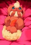  3_toes absurd_res balls bed bedding big_balls black_nose blue_eyes chest_tuft ears_down eeveelution feral flareon fluffy fluffy_tail fur hi_res huge_balls long_ears lying male nintendo nude on_back on_bed pawpads penis pok&eacute;mon pok&eacute;mon_(species) red_fur red_pawpads red_penis slightly_chubby snout solo tan_fur tears toes tuft video_games xmu 
