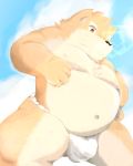  2018 anthro belly black_nose bulge canid canine canis clothing cute_fangs domestic_dog fundoshi humanoid_hands japanese_clothing kipchin_2nd00 male mammal moobs navel nipples overweight overweight_male solo underwear 