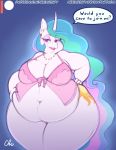  2018 anthro anthrofied belly big_belly clothing cutie_mark deep_navel dialogue digital_media_(artwork) ear_piercing english_text equid eyeshadow female friendship_is_magic front_view hair horn huge_hips long_hair looking_at_viewer makeup mammal multicolored_hair my_little_pony navel nekocrispy obese obese_female overweight overweight_female piercing princess_celestia_(mlp) simple_background solo text thick_thighs unicorn voluptuous wide_hips 