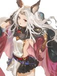  1girl andrian_gilang animal_ears arms_up black_skirt breasts cat_ears cloak cowboy_shot erune granblue_fantasy hair_intakes highres hood hood_down hooded_cloak long_hair looking_at_viewer medium_breasts medium_hair open_mouth red_eyes scathacha_(granblue_fantasy) sideboob silver_hair simple_background skirt solo vambraces white_background 