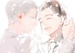  2boys ^_^ black_hair bridal_veil closed_eyes confetti eyes_closed formal husband_and_husband katsuki_yuuri male_focus multiple_boys necktie open_mouth silver_hair smile suit uhouho14 upper_body veil viktor_nikiforov wedding white_suit yaoi yuri!!!_on_ice 